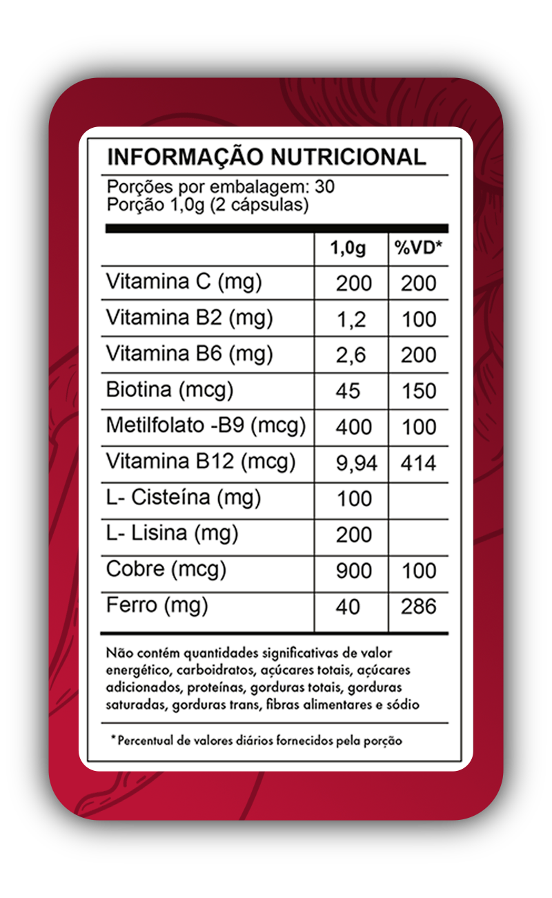 Tabela nutricional de Vitamina de Combate à Queda de Cabelo Ferritin12 - 60 Cápsulas